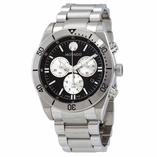 Best Sale ❤️ Movado Sport Chronograph Quartz Black Dial Men's ⌚ Watch 0607439 Silver ⌛
